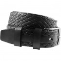 Black leather belt, embossed interlocking pattern, smooth buckle, 4 cm wide