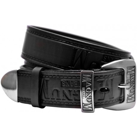 Leather belt with metal finish, embossed pattern and decorative buckle, 4 cm wide